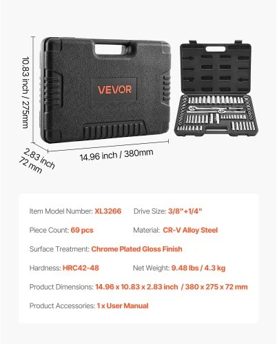 VEVOR Galvučių ir terkšlių rinkinys XL3266, 69 dalių, 9,5 ir 6,4 mm, CR-V legiruotas plienas