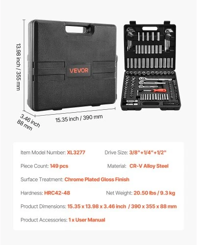 Koduva Galvučių ir terkšlių rinkinys VEVOR XL3277, 149 dalių, 9,5 / 6,4 / 12,7 mm, CR-V legiruotas plienas