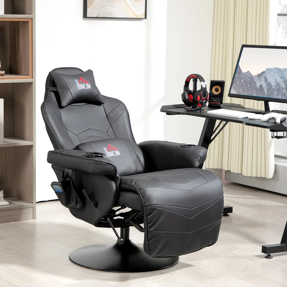 Aosom Gaming krėslas su masažo funkcija, atlošiama nugarėlė, kojų atrama, juodas, iki 120 kg