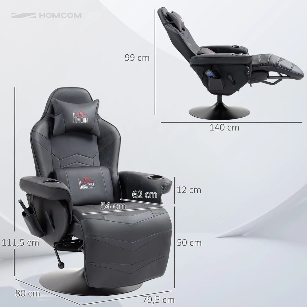 Aosom Gaming krėslas su masažo funkcija, atlošiama nugarėlė, kojų atrama, juodas, iki 120 kg