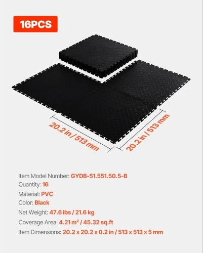 VEVOR Garažo grindų plytelės, jungiamos, PVC, juodos, 16 vnt., 51 x 51 cm