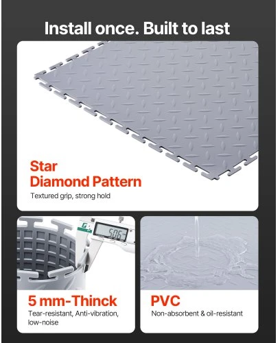 VEVOR Garažo grindų plytelės, jungiamos, PVC, šviesiai pilkos, 8 vnt., 513 x 513 x 5 mm