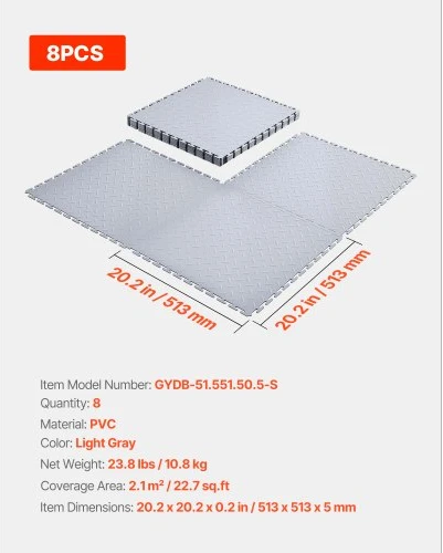 VEVOR Garažo grindų plytelės, jungiamos, PVC, šviesiai pilkos, 8 vnt., 513 x 513 x 5 mm