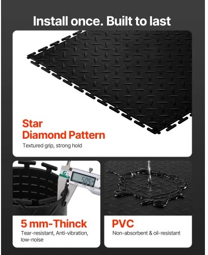 VEVOR Garažo grindų plytelės, PVC, juodos, 8 vnt., 51 x 51 x 0,5 cm