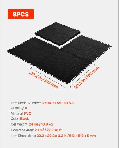 VEVOR Garažo grindų plytelės, PVC, juodos, 8 vnt., 51 x 51 x 0,5 cm