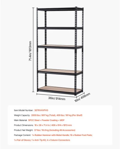 VEVOR Garažo lentyna, 5 pakopų, juoda, plienas/MDF, 91 x 41 x 181 cm, iki 907 kg