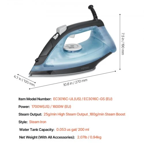 VEVOR Garų lygintuvas EC3016C-GS (EU), 1600 W, aliuminio lydinio ir PTFE padas, 200 ml