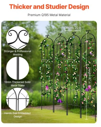 VEVOR Gėlių grotelės vijokliniams augalams, metalinės, juodos, 51 x 220 cm, 4 vnt.