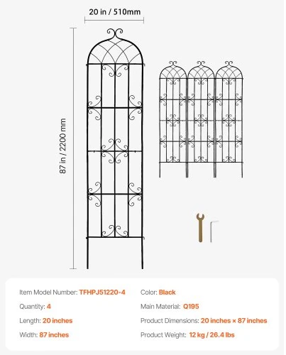 VEVOR Gėlių grotelės vijokliniams augalams, metalinės, juodos, 51 x 220 cm, 4 vnt.