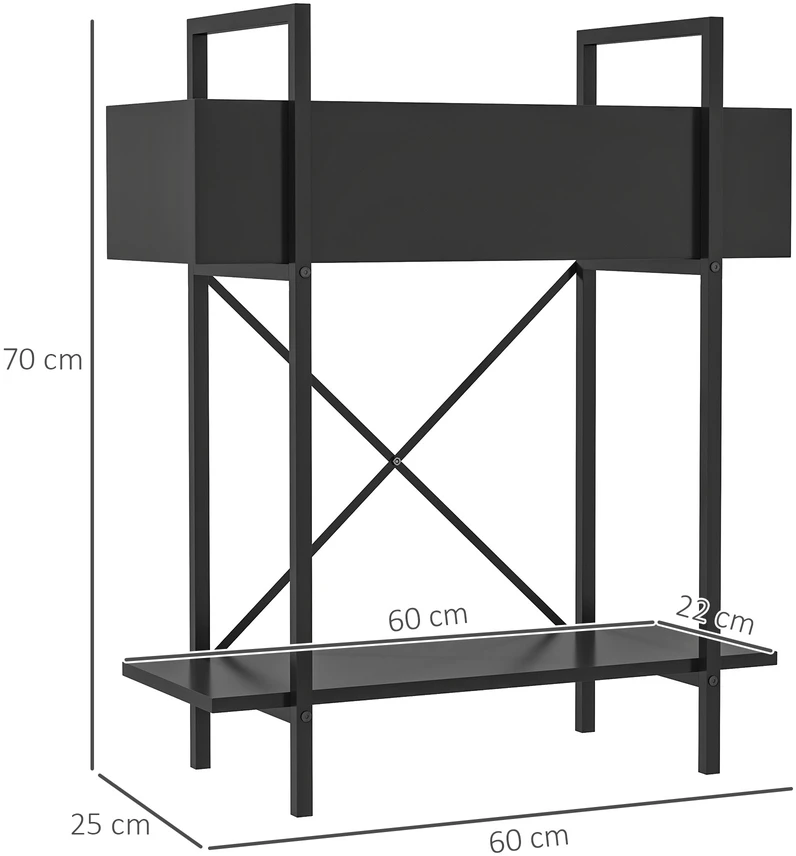 Aosom Gėlių stovas, 2 lygių, metalinis, juodas, 60 x 25 x 70 cm