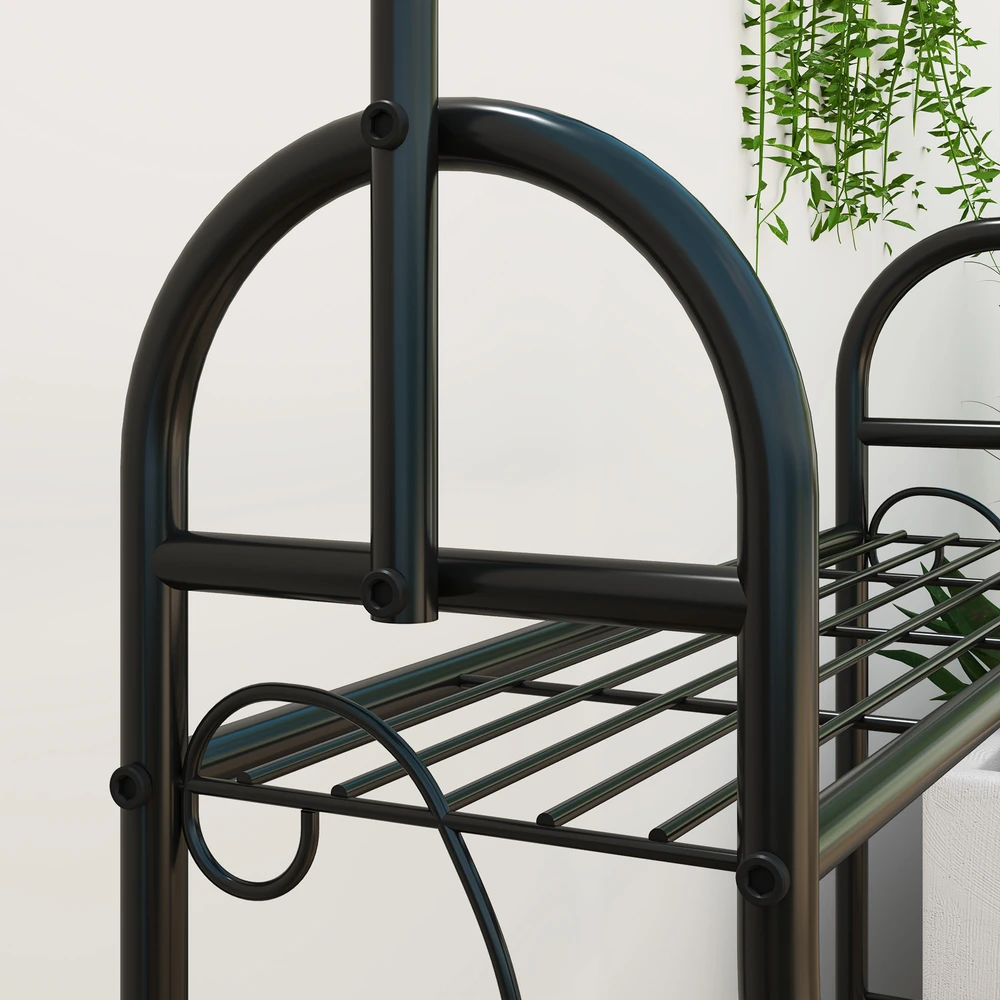 Aosom Gėlių stovas, 3 lygių augalų lentyna su kabliukais, metalinė, juoda, 75 x 25 x 137 cm