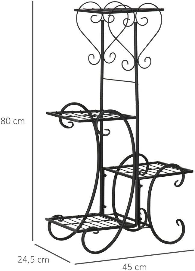 Aosom Gėlių stovas iš metalo, 4 pakopos, juodas, 45 x 24,5 x 80 cm