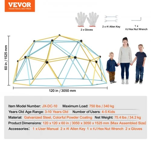 Koduva Geometrinis laipiojimo kupolas vaikams VEVOR JX-DC-10, 305 x 305 x 153 cm, įvairiaspalvis