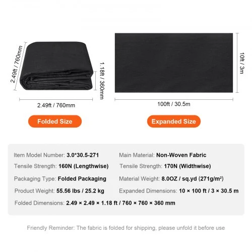 VEVOR Geotekstilės audinys po žvyru, neaustinis, juodas, 3 x 30,5 m, 271 g/㎡