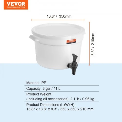 VEVOR Gėrimų dozatorius, 11 l, su čiaupu ir dangčiu, PP + PC