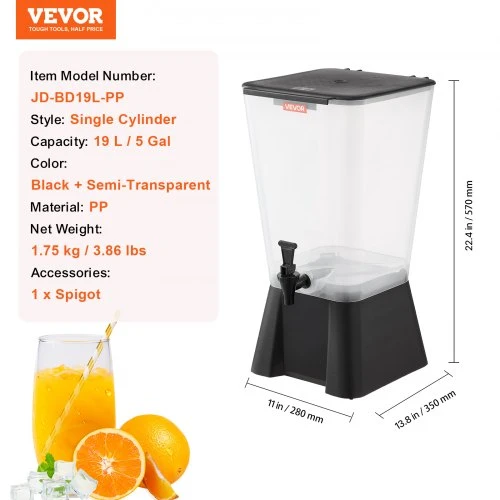 VEVOR Gėrimų dozatorius, 19 l, juodas, PP plastikas