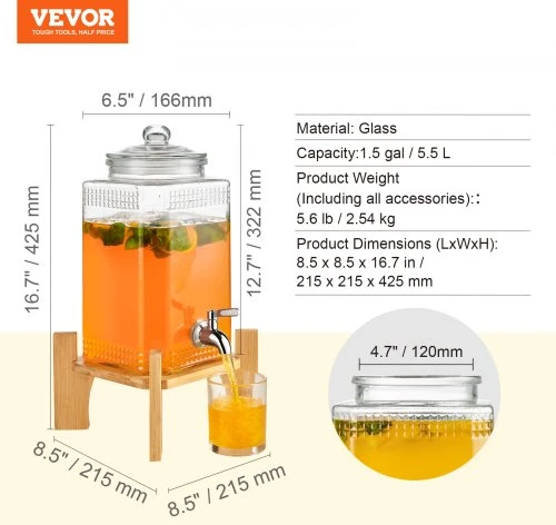 VEVOR Gėrimų dozatorius su stovu, stiklas, 5,5 l, 22 x 22 x 43 cm