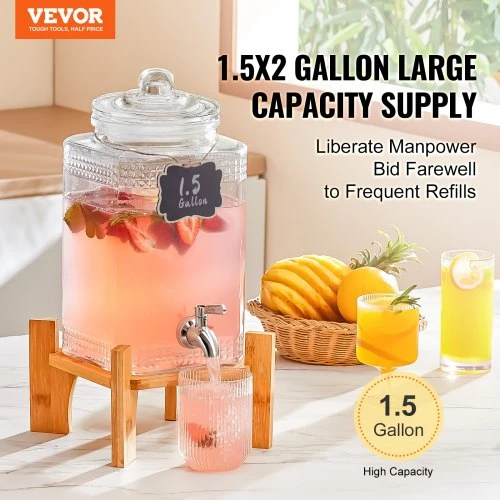 VEVOR Gėrimų dozatorius su stovu, stiklas, 5,5 l, 22 x 22 x 43 cm