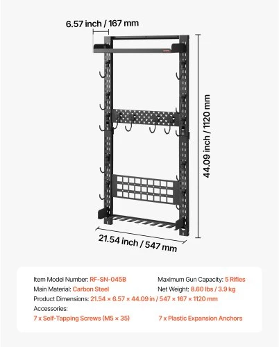 VEVOR Ginklų laikiklis tvirtinamas prie sienos RF-SN-045B, anglinis plienas, iki 5 šautuvų arba lygiavamzdžių ginklų, 61 x 18 x 14 cm