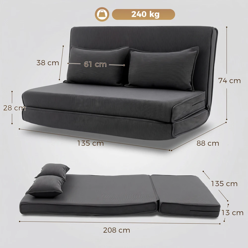 Aosom Grindų kėdė su atlošu, kordurojaus sulankstoma sofa-lova, tamsiai pilka, 135 x 88 x 74 cm