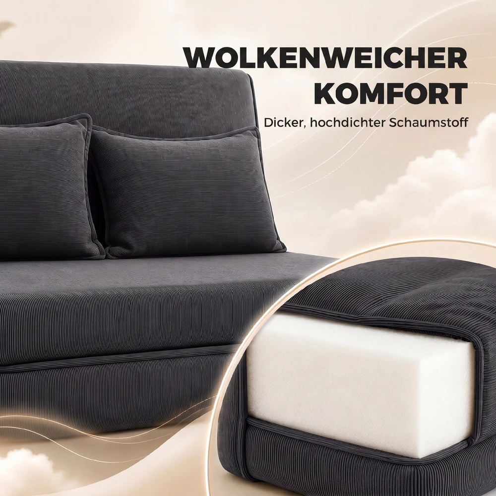 Aosom Grindų kėdė su atlošu, kordurojaus sulankstoma sofa-lova, tamsiai pilka, 135 x 88 x 74 cm