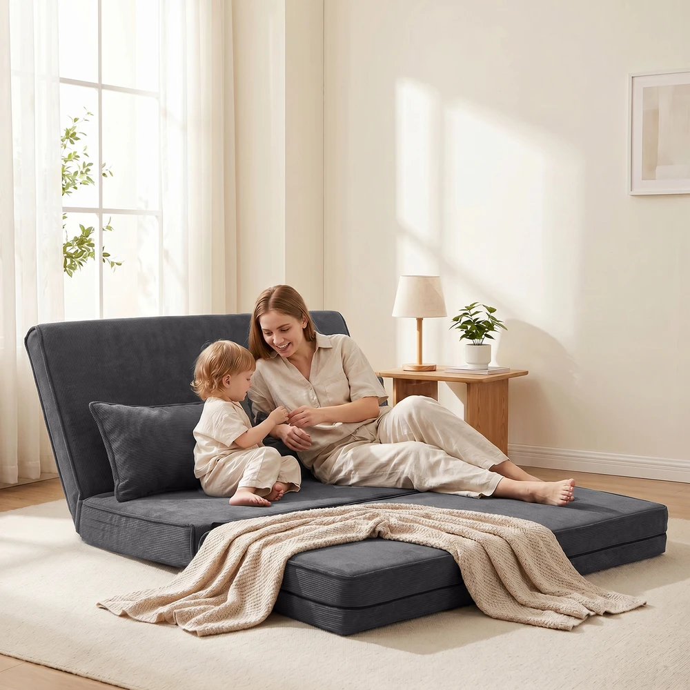 Aosom Grindų kėdė su atlošu, kordurojaus sulankstoma sofa-lova, tamsiai pilka, 135 x 88 x 74 cm