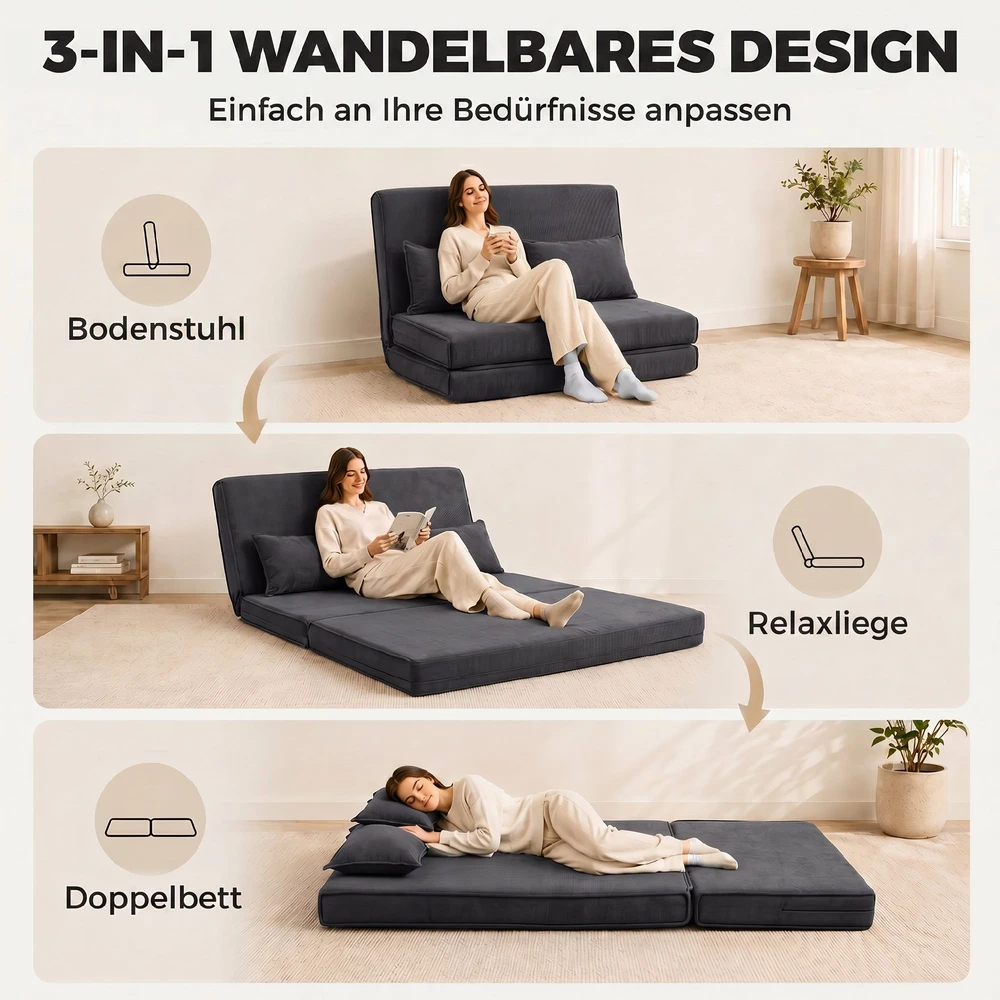 Aosom Grindų kėdė su atlošu, kordurojaus sulankstoma sofa-lova, tamsiai pilka, 135 x 88 x 74 cm