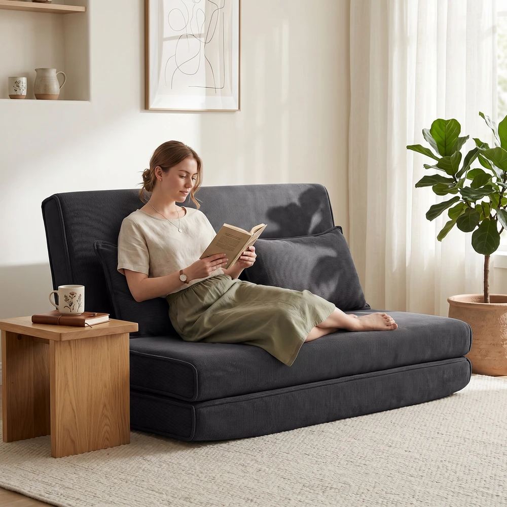 Aosom Grindų kėdė su atlošu, kordurojaus sulankstoma sofa-lova, tamsiai pilka, 135 x 88 x 74 cm