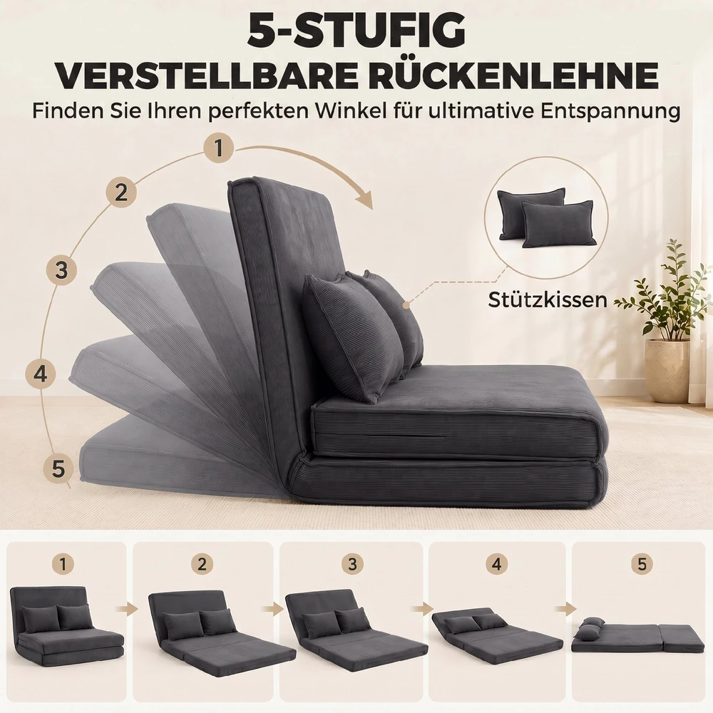 Aosom Grindų kėdė su atlošu, kordurojaus sulankstoma sofa-lova, tamsiai pilka, 135 x 88 x 74 cm
