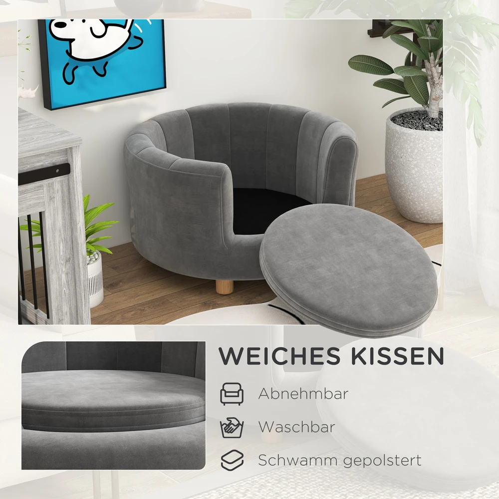 Aosom Gyvūnų sofa šunims ir katėms, medinės kojos, pakelta, pilka, 65 x 64 x 37 cm