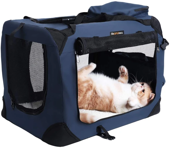 Songmics Gyvūnų transportavimo dėžė L, 70 x 52 x 52 cm, tamsiai mėlyna, sulankstoma, Oksfordo audinys