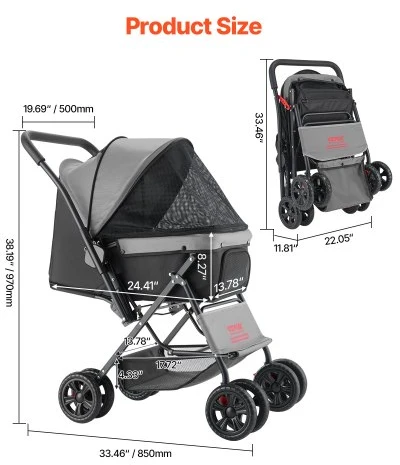 VEVOR Gyvūnų vežimėlis GS303, sulankstomas, 4 ratų, iki 20 kg