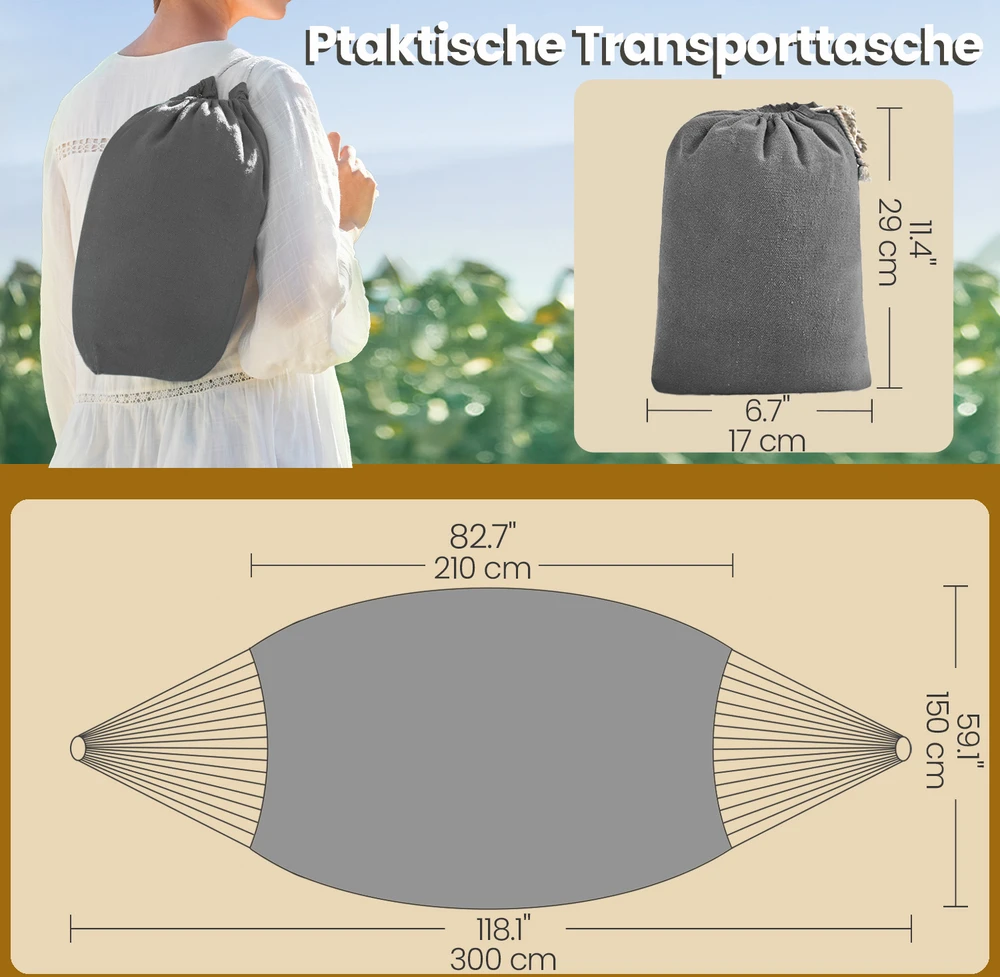 Koduva Hamakas 2 asmenims, 210 x 150 cm, pilkas, 70% medvilnė, apkrova iki 300 kg