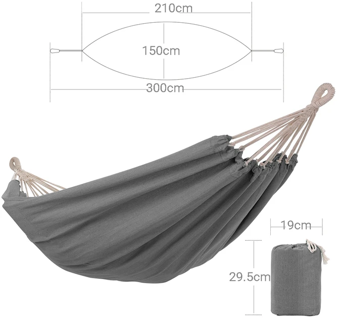 Koduva Hamakas 210 x 150 cm, pilkas, medvilnės ir poliesterio, apkrova iki 300 kg, su 2 tvirtinimo diržais