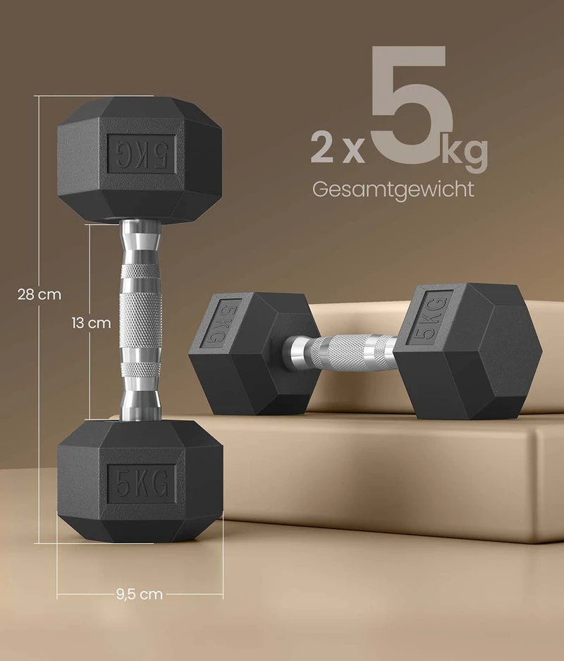Koduva Hantelių rinkinys, 2 vnt., 10 kg, šešiakampiai, juodos spalvos, plastikas ir ketus