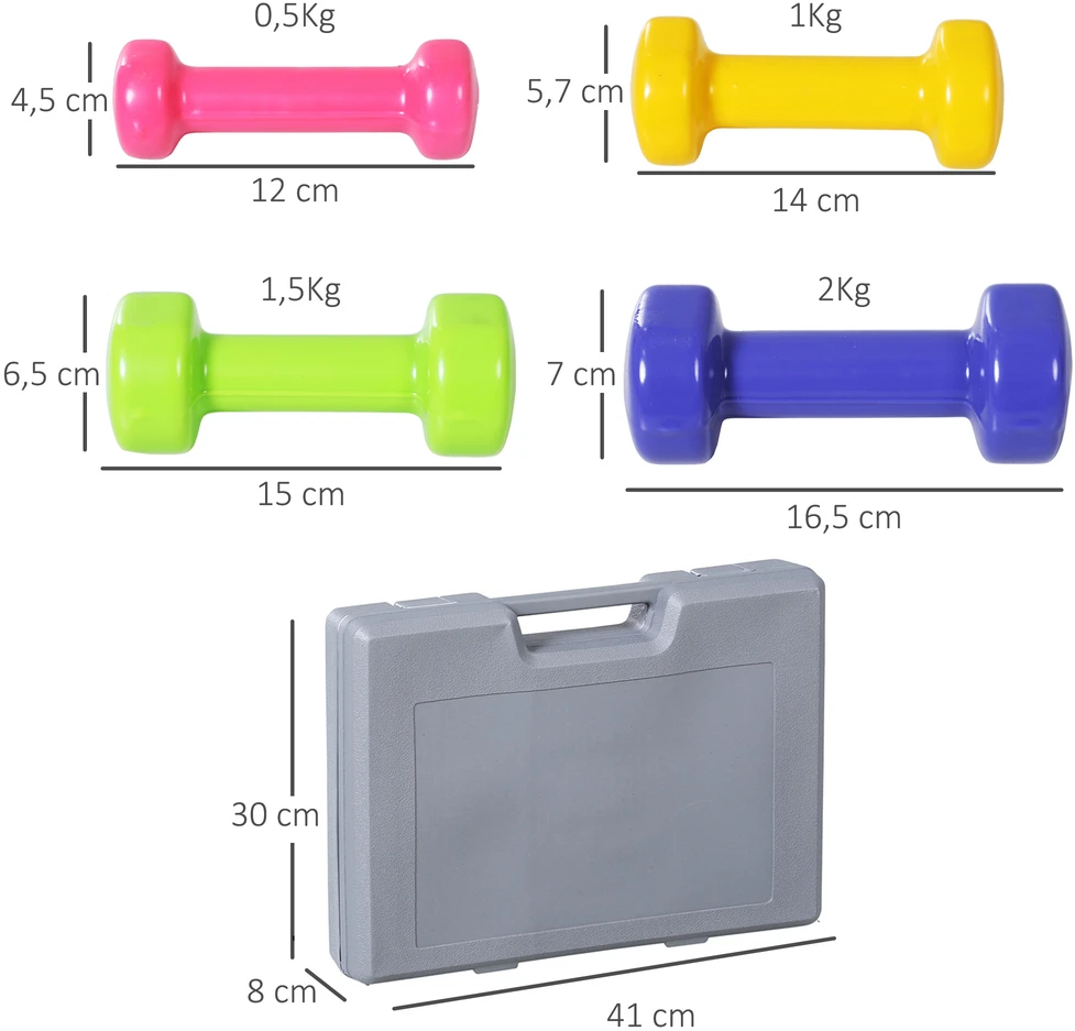 Aosom Hantelių rinkinys su dėklu, 4 poros, 0,5kg/1kg/1,5kg/2kg, geležis, PU, raudona, geltona, žalia, violetinė