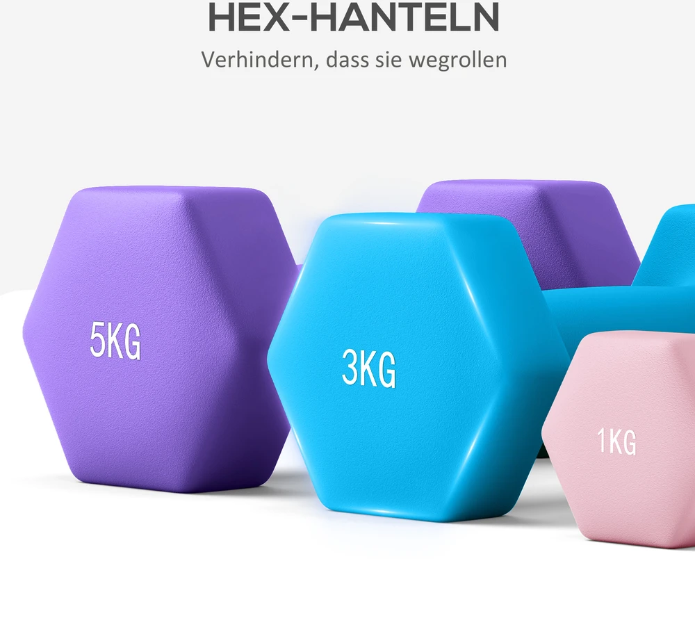 Virdulys Aosom Hantelių rinkinys su laikikliu, 6 vnt., 2 x 1kg, 2 x 3kg, 2 x 5kg, rožinė, šviesiai mėlyna, violetinė