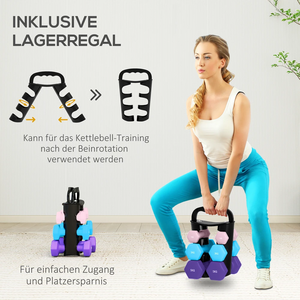 Virdulys Aosom Hantelių rinkinys su laikikliu, 6 vnt., 2 x 1kg, 2 x 3kg, 2 x 5kg, rožinė, šviesiai mėlyna, violetinė