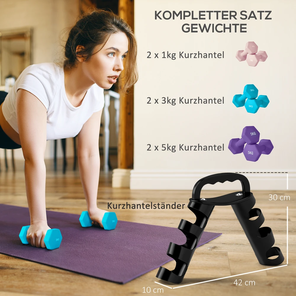Virdulys Aosom Hantelių rinkinys su laikikliu, 6 vnt., 2 x 1kg, 2 x 3kg, 2 x 5kg, rožinė, šviesiai mėlyna, violetinė