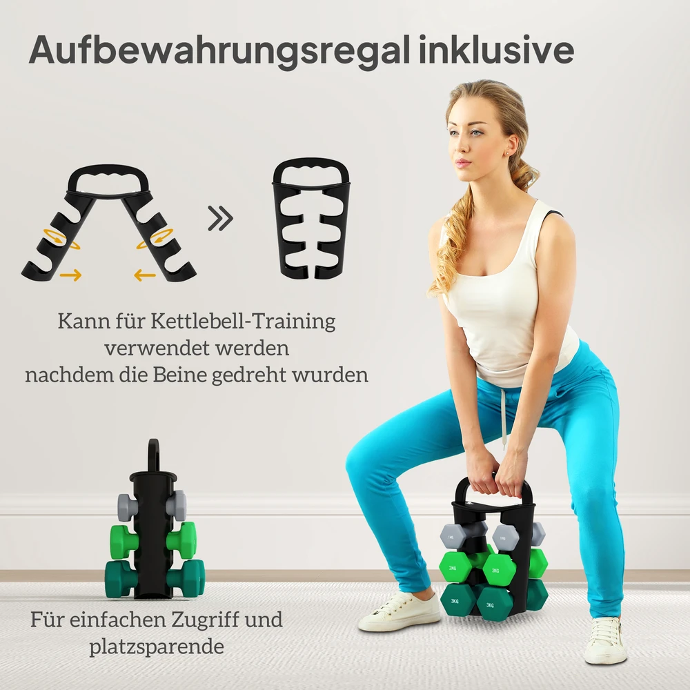 Virdulys Aosom Hantelių rinkinys su laikikliu, 6 hanteliai, pilka, žalia, tirkio spalvos, 12 kg