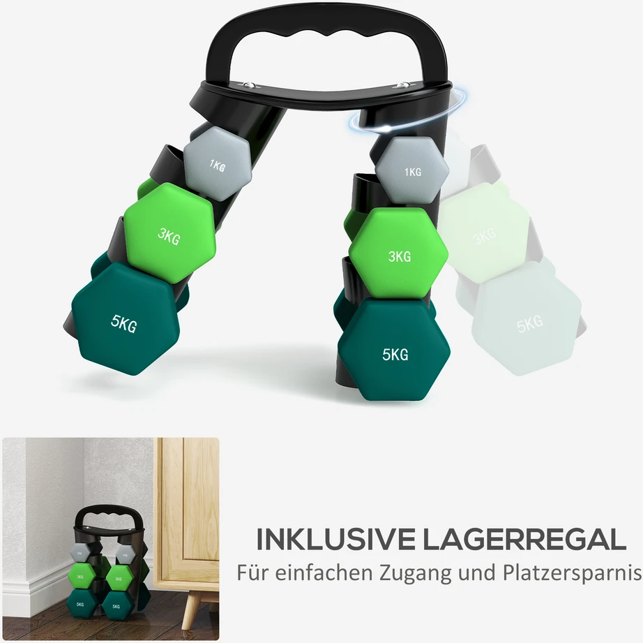 Virdulys Aosom Hantelių rinkinys su laikymo stovu, 6 hanteliai fitneso treniruotėms, 2 x 1kg, 2 x 3kg, 2 x 5kg