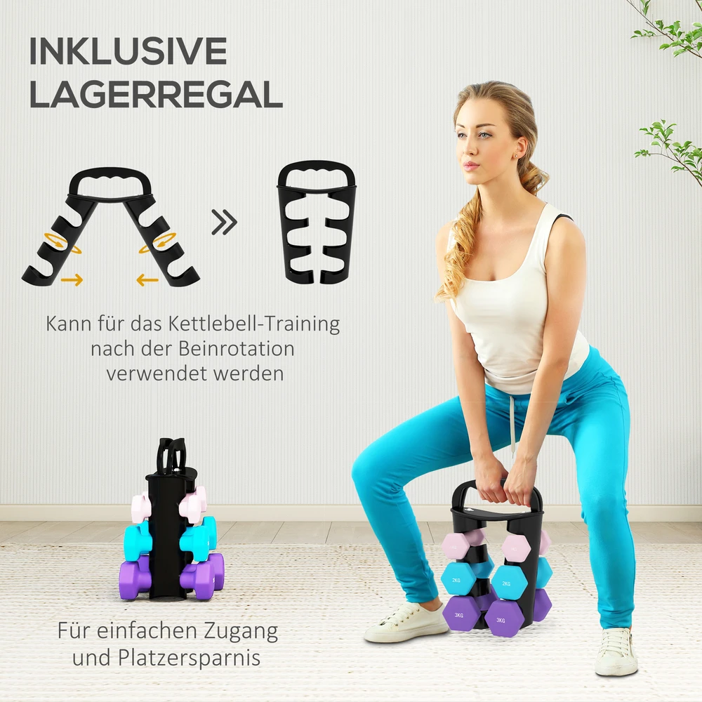 Virdulys Aosom Hantelių rinkinys su laikymo stovu, 6 hanteliai, 12 kg, rožinė, šviesiai mėlyna, violetinė