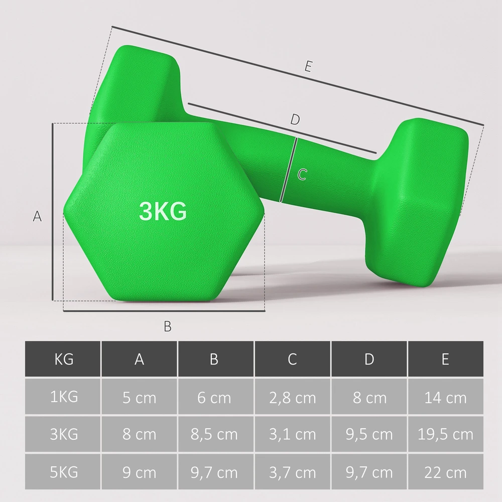 Virdulys Aosom Hantelių rinkinys su laikymo stovu, 6 hanteliai fitneso treniruotėms, 2 x 1kg, 2 x 3kg, 2 x 5kg