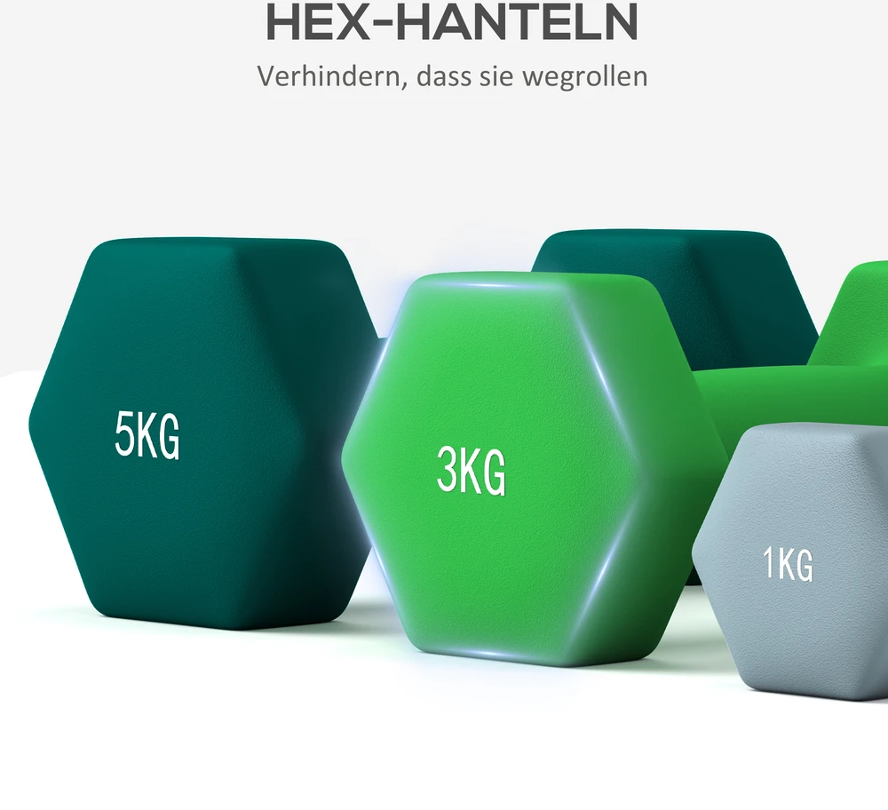 Virdulys Aosom Hantelių rinkinys su laikymo stovu, 6 hanteliai fitneso treniruotėms, 2 x 1kg, 2 x 3kg, 2 x 5kg