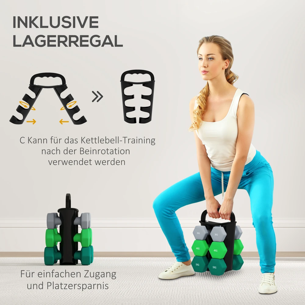 Virdulys Aosom Hantelių rinkinys su laikymo stovu, 6 hanteliai, 2 x 3kg, 2 x 4kg, 2 x 5kg