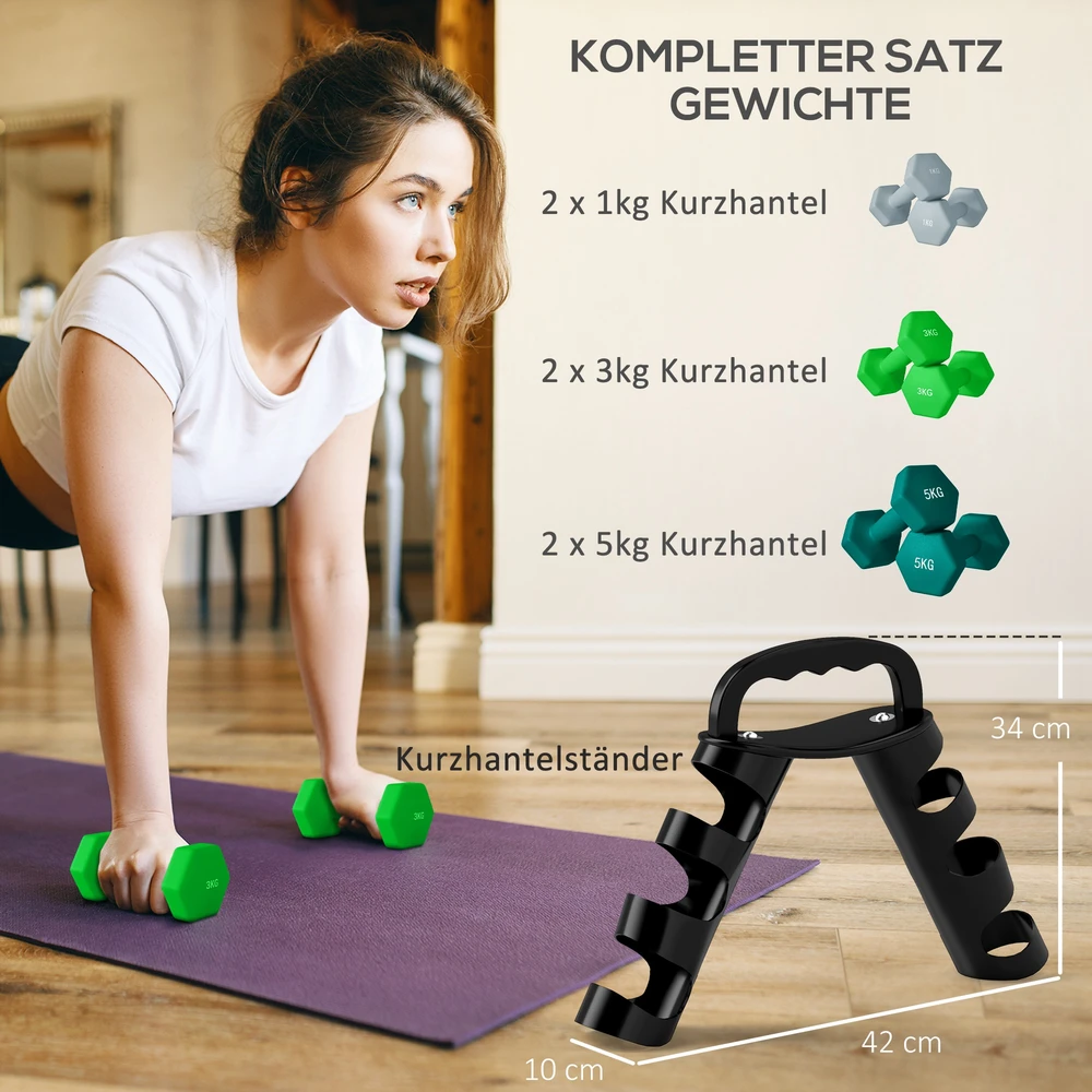 Virdulys Aosom Hantelių rinkinys su laikymo stovu, 6 hanteliai fitneso treniruotėms, 2 x 1kg, 2 x 3kg, 2 x 5kg