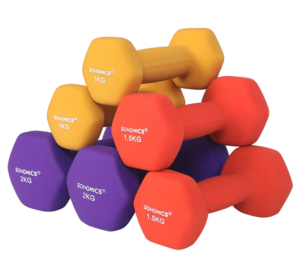 Songmics Hantelių rinkinys su stovu, 6 vnt., 1–2kg, ketaus su vinilo danga, geltona, oranžinė, violetinė
