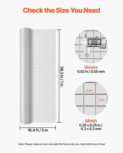 VEVOR Hardware cloth tvora, 6,3 mm, 1 x 5 m, 0,55 mm, sidabrinė