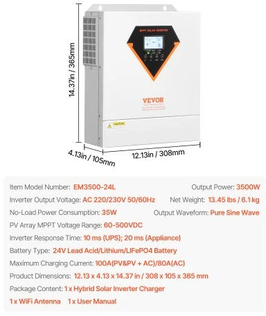VEVOR Hibridinis saulės inverteris EM3500-24L, 3500 W, 24 V DC į 220/230 V AC