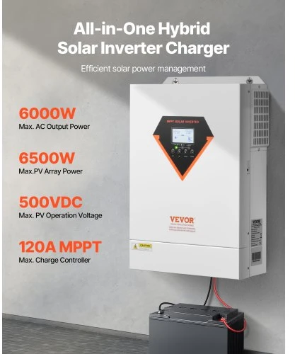 VEVOR Hibridinis saulės inverteris EM6200-48L, 6000 W, 48 V DC į vienfazį 220/230 V AC, 45 x 31 x 13 cm
